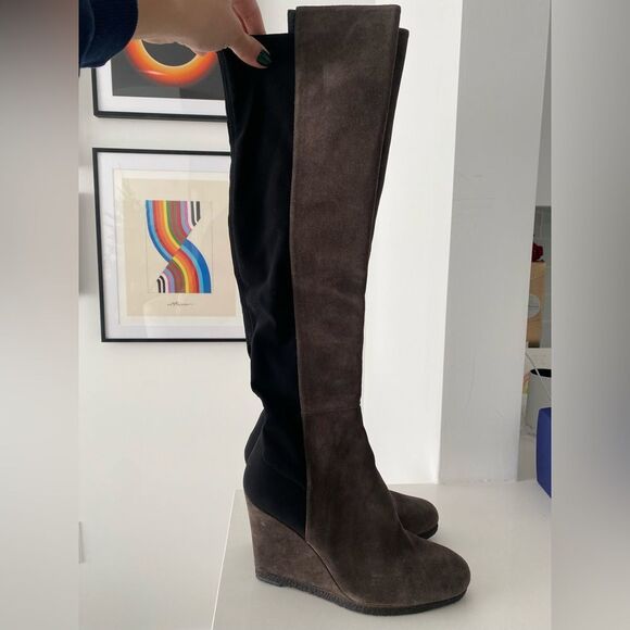 Stuart Weitzman Demiswoon Dark Gray Suede Over the Knee Wedge Boots - Picture 3 of 10